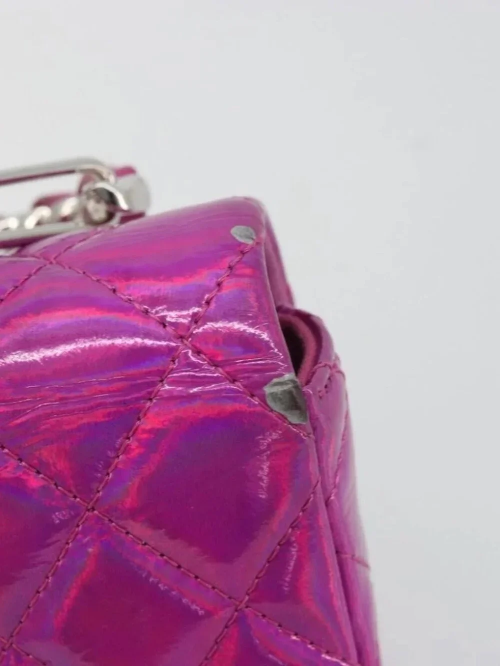 CHANEL Matelasse Carabiner Pouch Patent leather Pink Silver CC Auth YKZ1380A